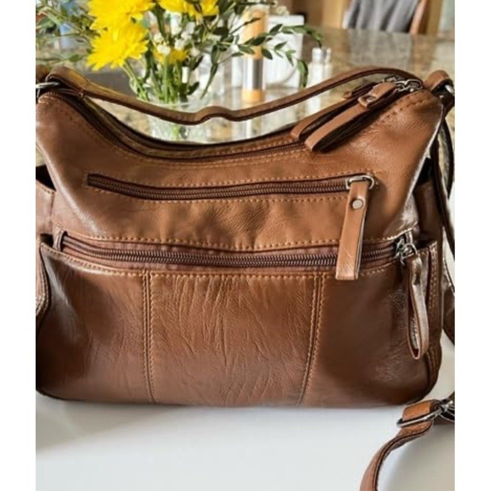 Brown Faux Leather Crossbody Shoulder Bag Multi Pocket Travel Purse NEW